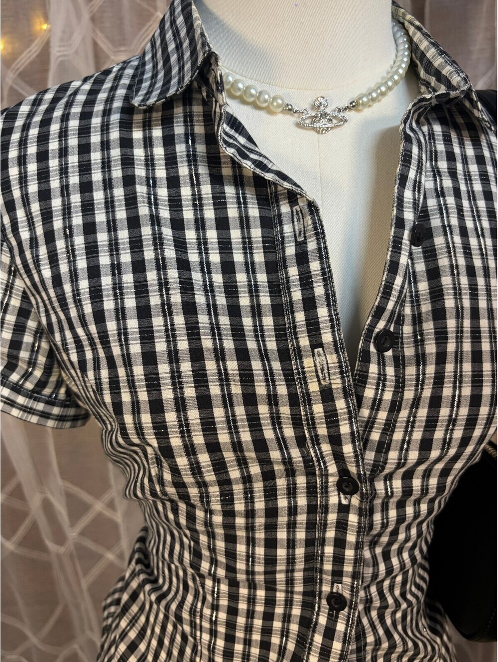 At Last Black White Plaid Fitted Button Up Puff Sleeve Shirt M Y2K Office Siren - Picture 2 of 8